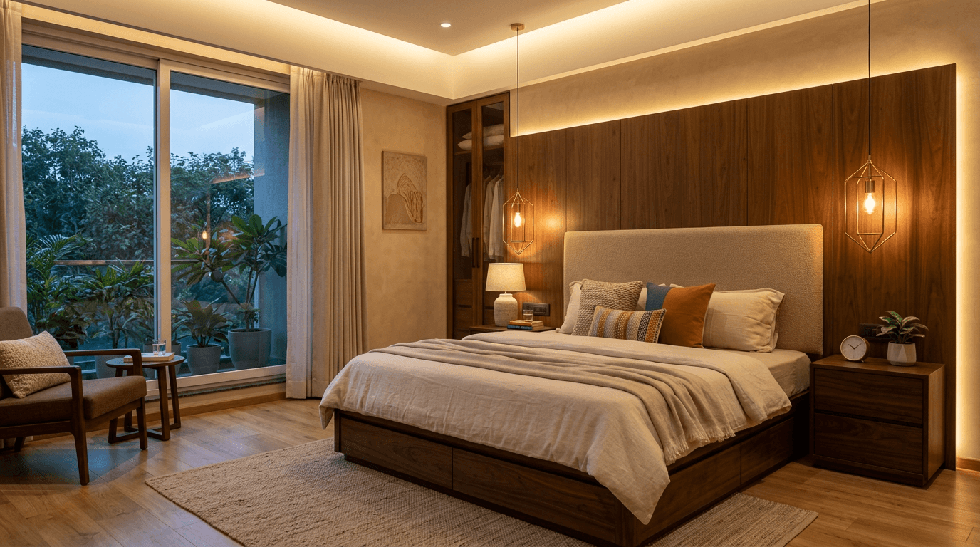Calm bedroom with layered lighting, showing the value of planning electrical points early