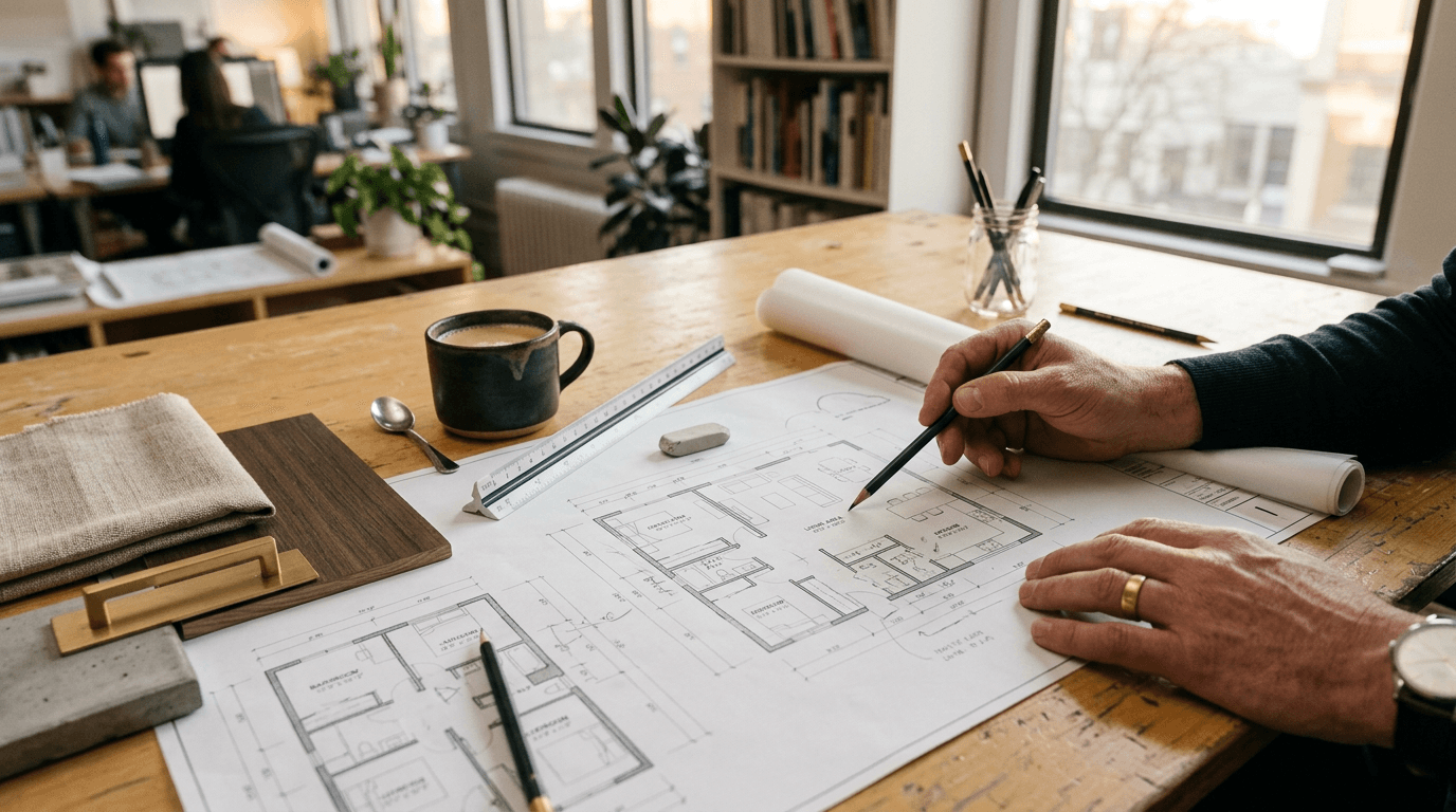 Two people reviewing an apartment floor plan with material samples during a design consultation