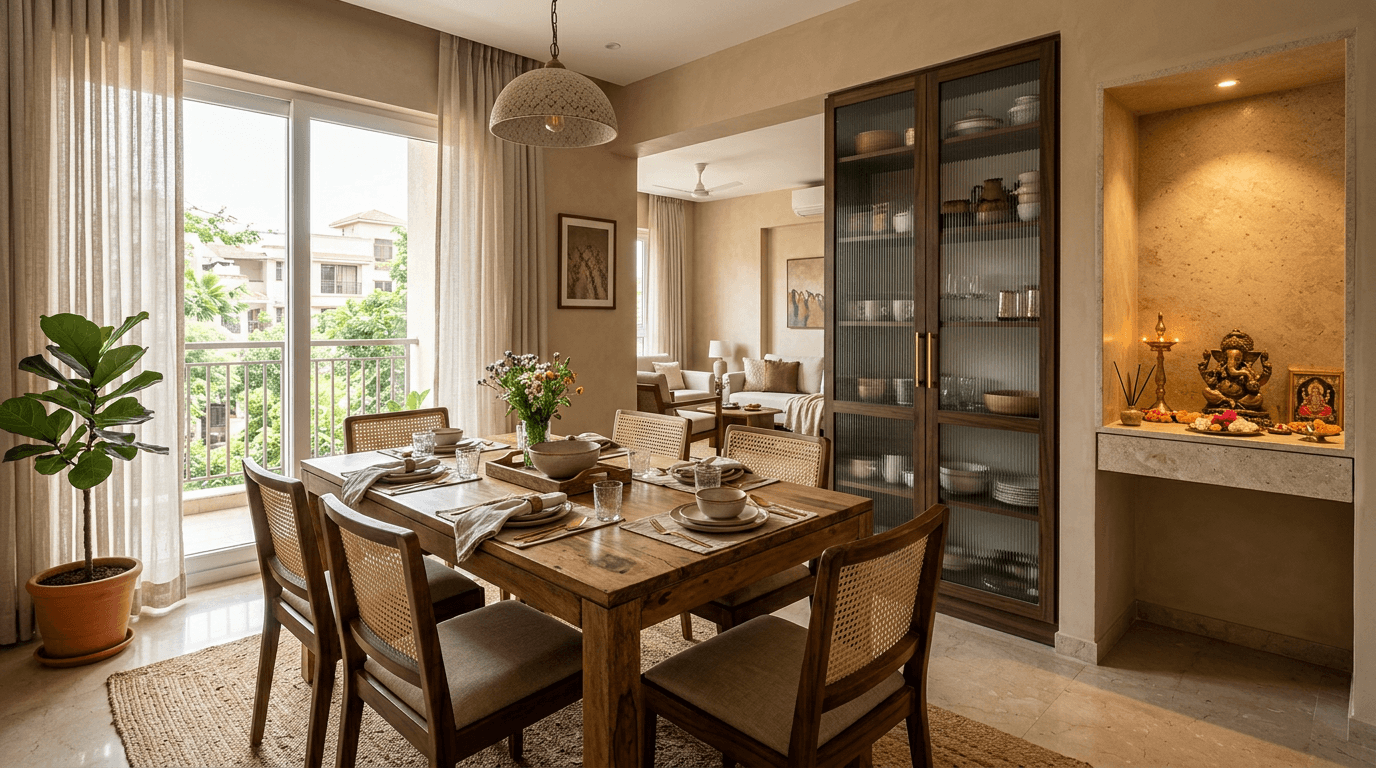 Dining area with a solid wood table, cane chairs, fluted glass crockery unit and a stone pooja niche
