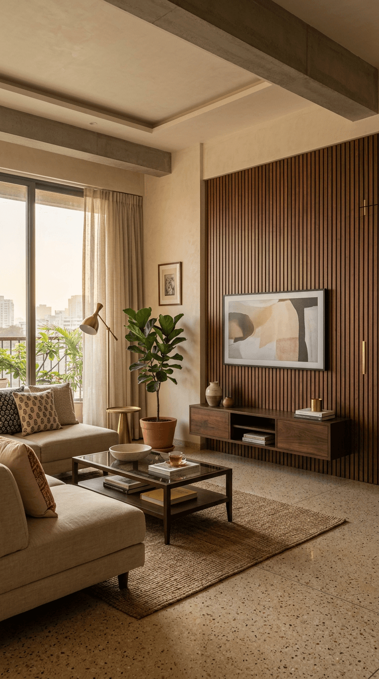 Warm contemporary living room with a walnut slatted TV wall hiding storage, beige sofa and brass floor lamp