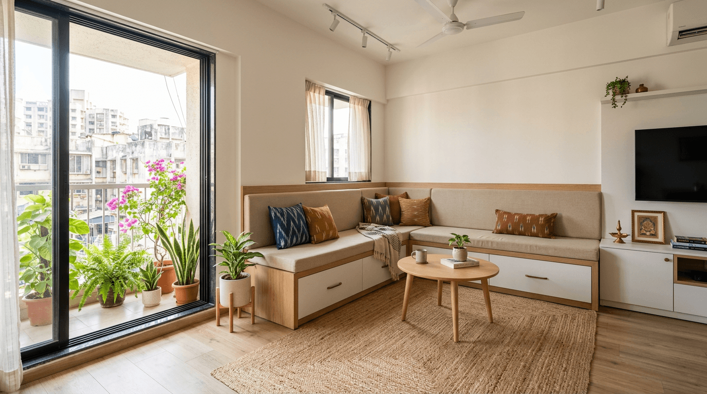 Compact living room designed on a focused interior budget
