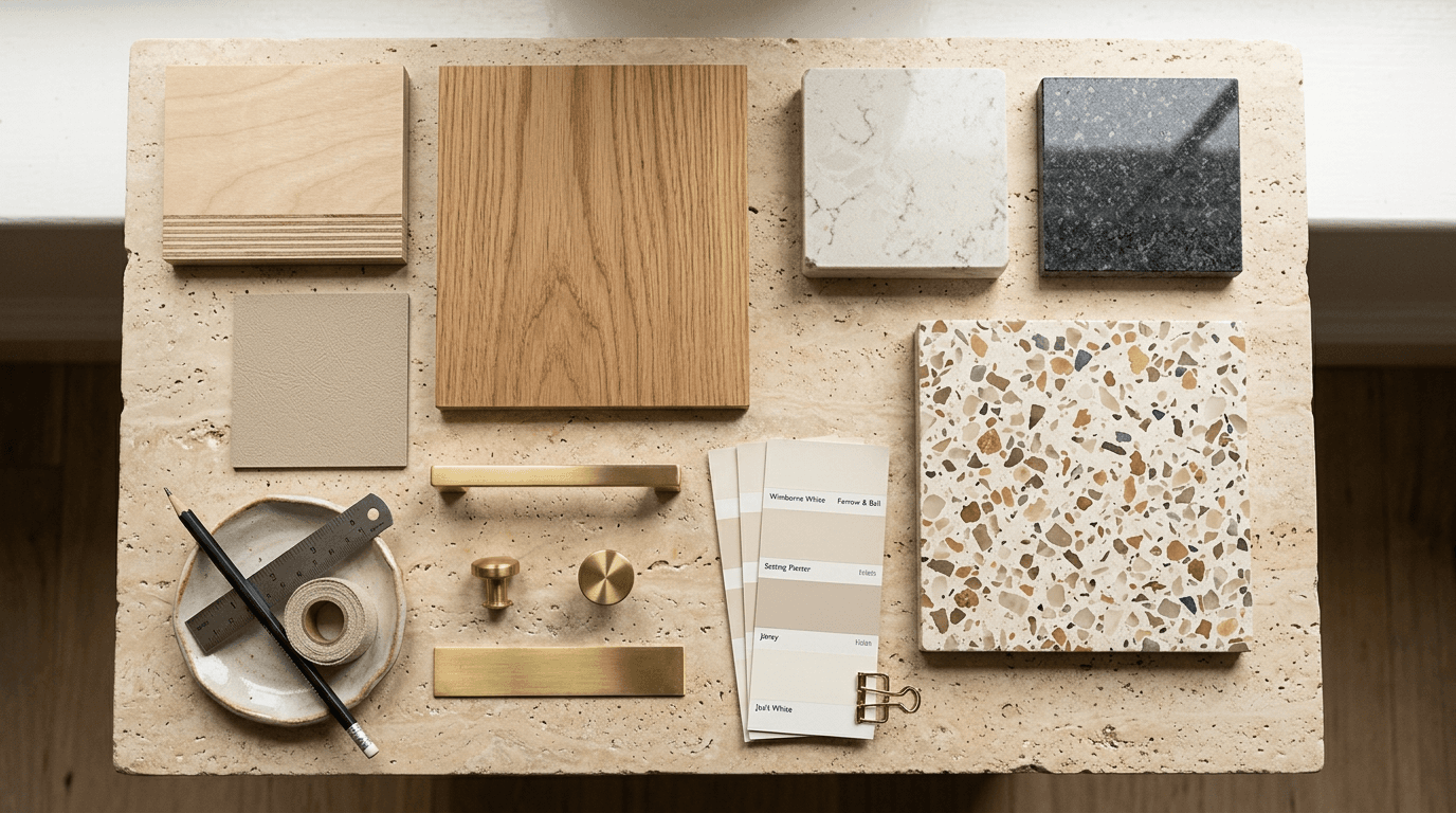 Flat lay of interior material samples: plywood, oak laminate, quartz, terrazzo, fabric and brass hardware