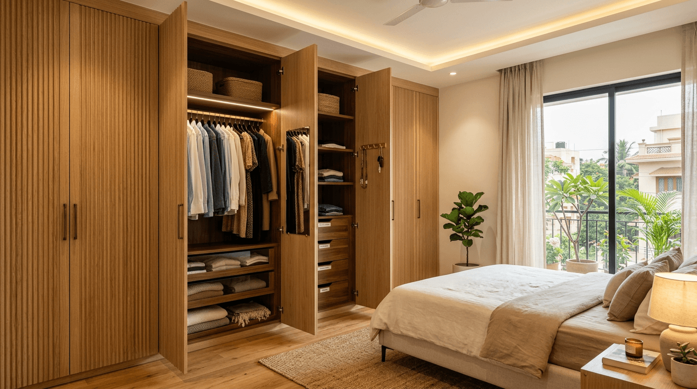 Floor-to-ceiling wardrobe with organised drawers and hanging space